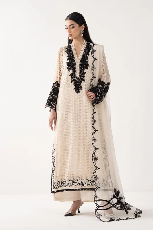 Zilverah Off-White Embroidered Chiffon 3-Piece Formal Wear Suit for Eid Pakistan