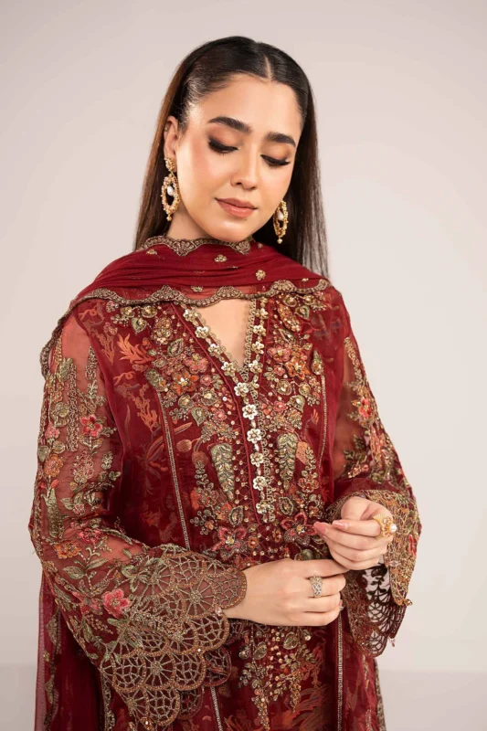 Zilverah 3-Piece Embroidered Organza Party Wear Suit Maroon – Buy Online Pakistan