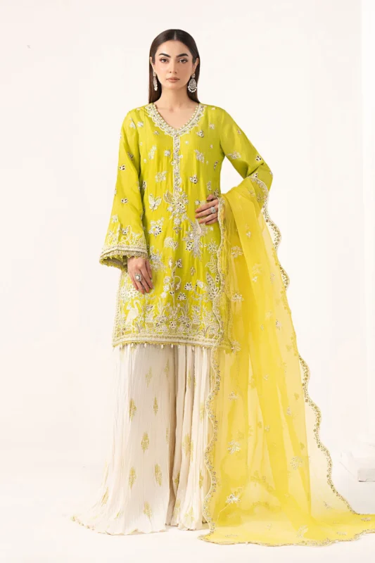 Zilverah Acid Green Embroidered Raw Silk Sharara Suit – Luxury Formal Wear Pakistan