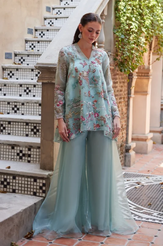 Zilverah Aqua Blue Organza Jacket 4-Piece Luxury Party Wear Pakistan – Featured Look