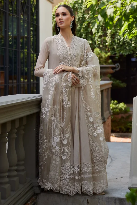 Zilverah beige kalidar formal wear dress with white floral embroidery buy online Pakistan