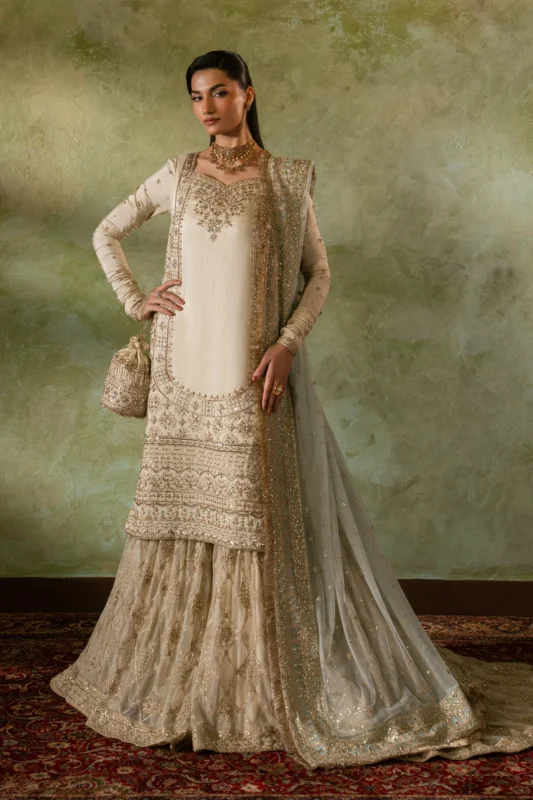 Zilverah beige peach raw silk nikkah formal wear dress 3 piece buy online Pakistan