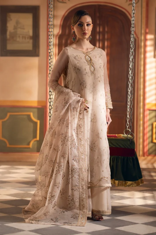 Zilverah Beige Embroidered Organza Party Wear Shirt - Buy Online Pakistan