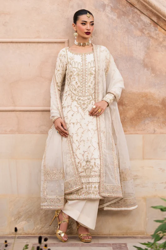 Zilverah beige Indian raw silk embroidered party wear shirt with adda work and sequins – buy online Pakistan