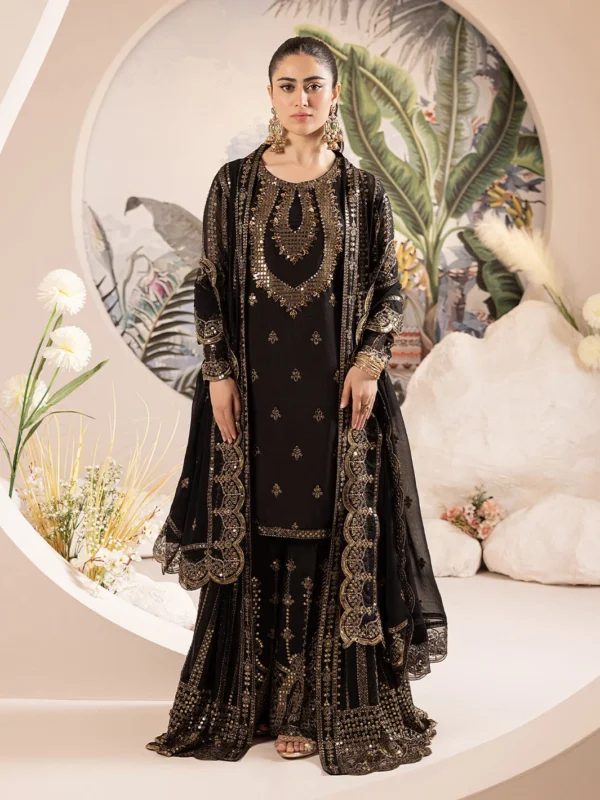 Zilverah black embroidered chiffon party wear 3-piece dress buy online Pakistan
