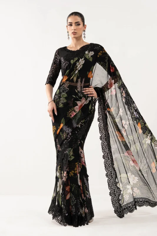 Zilverah Black Embroidered Chiffon Party Wear Saree - Buy Online Pakistan