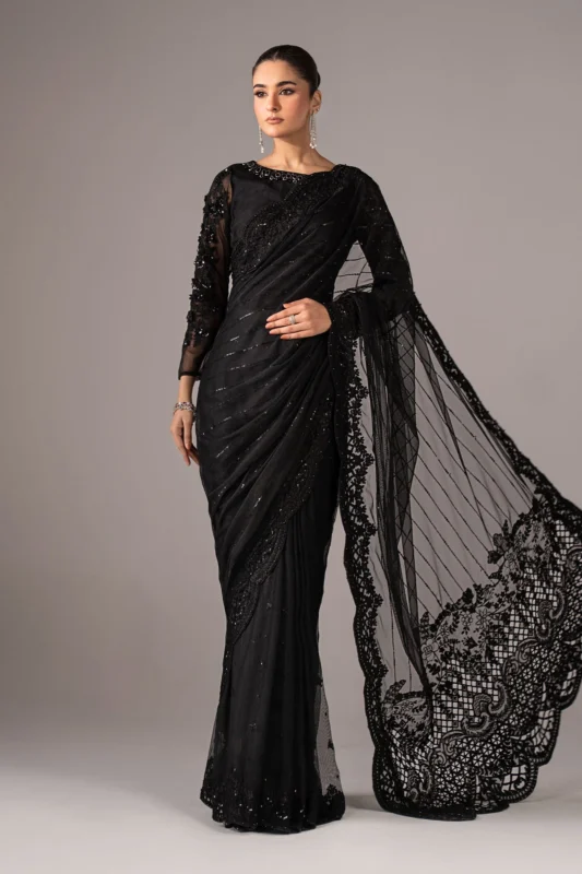 Zilverah Black Embroidered Net Saree 3-Piece Luxury Party Wear – Buy Online Pakistan