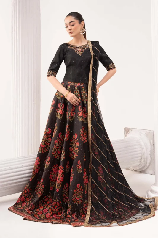 Zilverah black embroidered raw silk 3-piece lehenga party wear — buy online Pakistan
