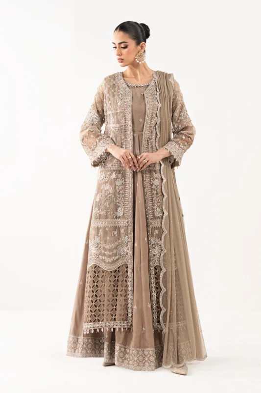 Zilverah 3-Piece Embroidered Organza Party Wear Suit in Coffee Brown — Buy Online Pakistan