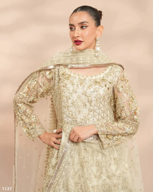 Zilverah Cream Net Maxi 3-Piece Formal Wear for Weddings and Eid — Buy Online Pakistan
