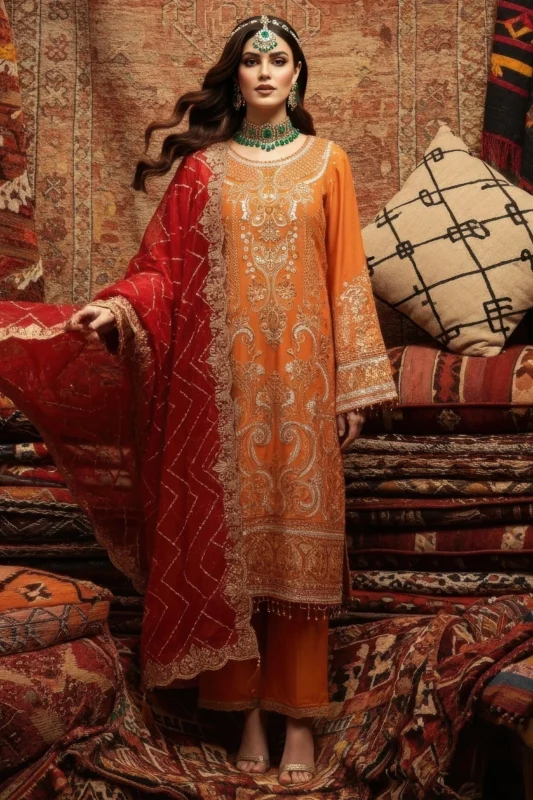 Zilverah embroidered bamber chiffon formal wear 3-piece suit in orange — buy online Pakistan