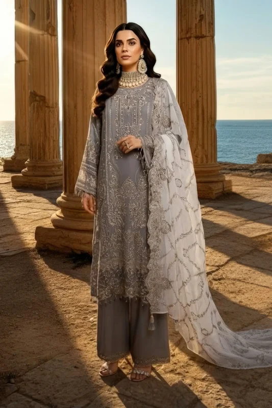 Zilverah embroidered bamber chiffon party wear 3-piece suit dark grey – buy online Pakistan