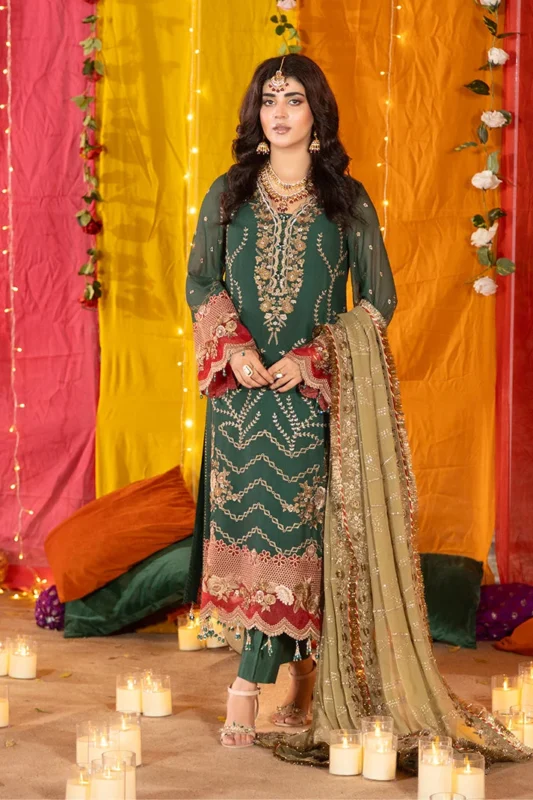 Zilverah green embroidered chiffon 3-piece formal wear suit for women in Pakistan