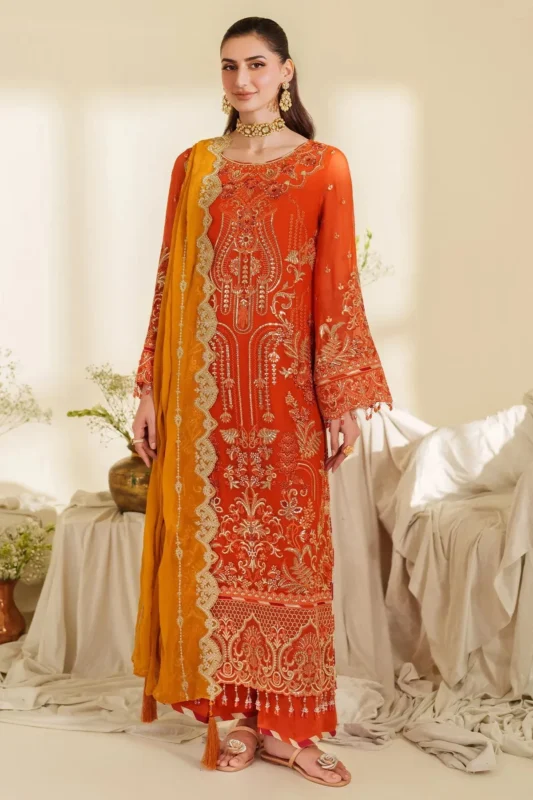 Zilverah orange embroidered chiffon 3-piece formal wear suit for weddings Pakistan