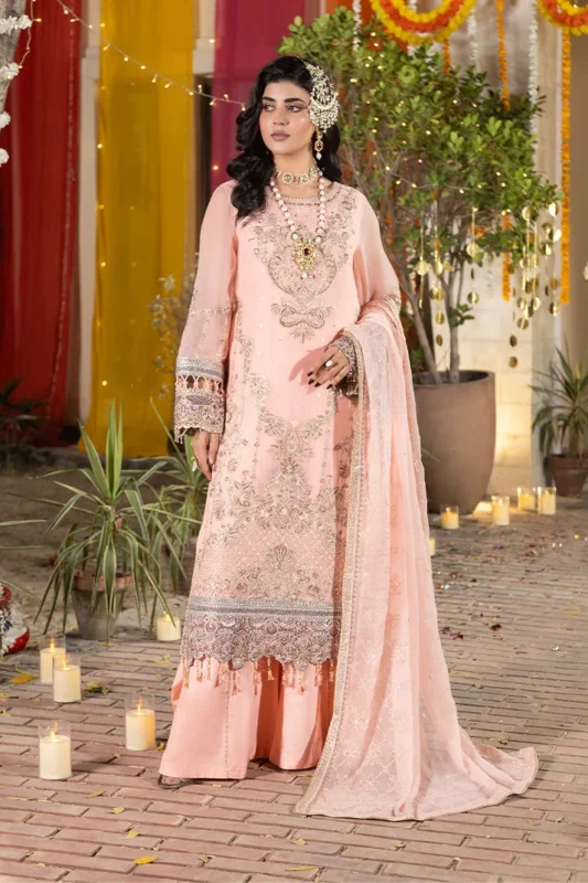 Zilverah embroidered chiffon 3-piece suit in peach – buy online Pakistan