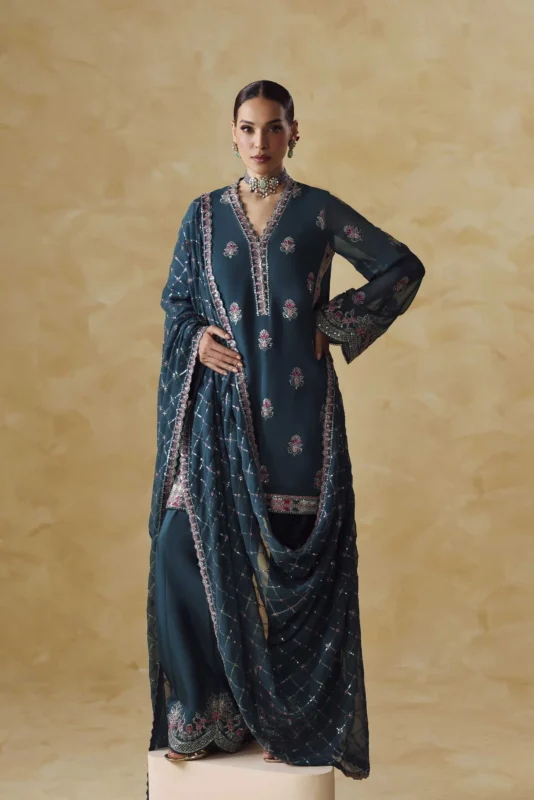 Zilverah embroidered chiffon 3-piece party wear dress Pakistan – multi-colour formal outfit