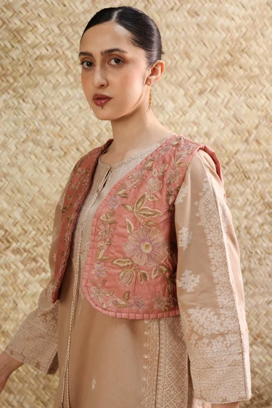 Zilverah Embroidered Dupion Silk Koti in Chai Pink — Formal Wear Pakistan Buy Online