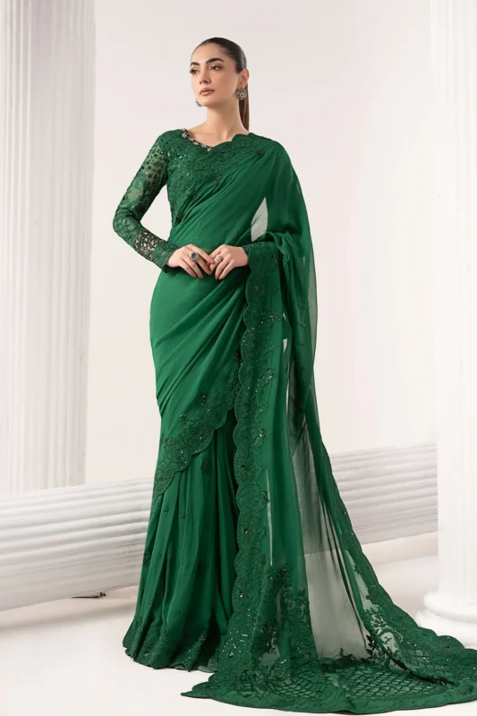 Zilverah Embroidered Chiffon Saree Luxury Formal Wear Green Buy Online Pakistan