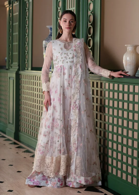 Zilverah Embroidered Printed Party Wear Gown with Net Dupatta – Buy Online Pakistan
