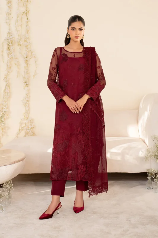 Zilverah maroon embroidered pure organza party wear suit buy online Pakistan