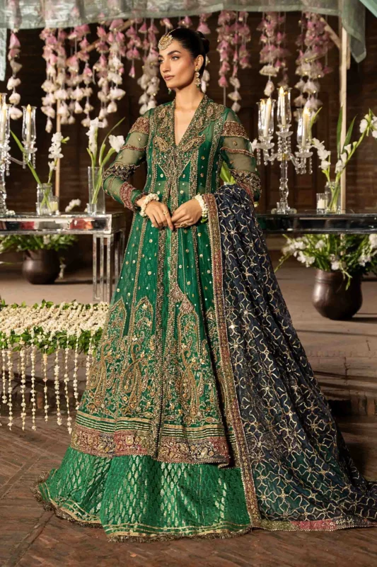 Zilverah Shyla emerald green embroidered frock lehenga set formal wear Pakistan