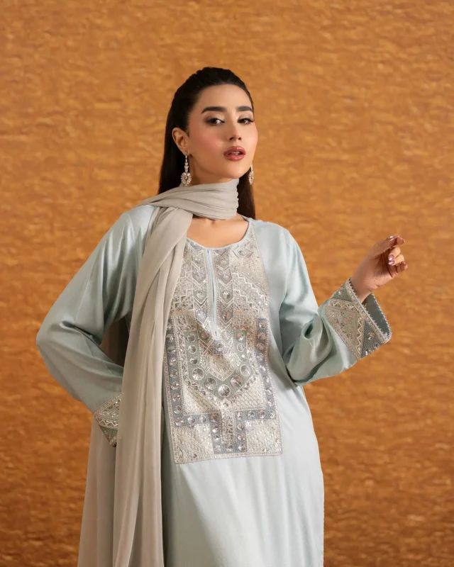Zilverah Ferozi Dabbi Silk 3PC formal wear dress — buy online Pakistan
