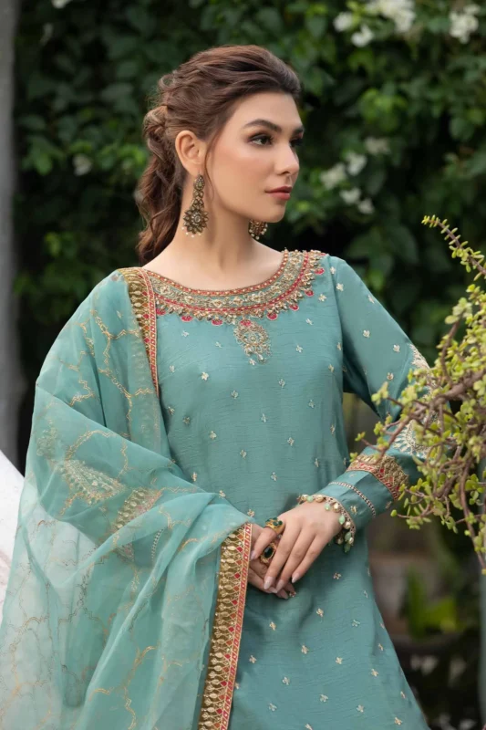 Zilverah Ferozi Raw Silk 3-Piece Embroidered Gharara Formal Wear Buy Online Pakistan