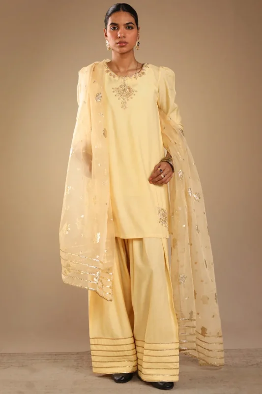 Zilverah Gilded Polki Embroidered 3-Piece Formal Wear Set in Yellow Raw Silk — Buy Online Pakistan