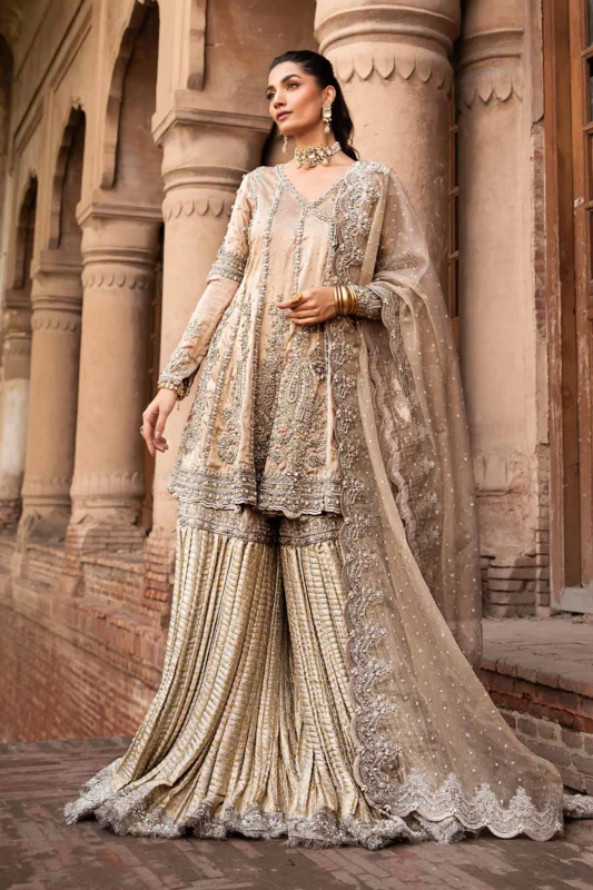 Zilverah gold angrakha gharara set – luxury formal wear Pakistan buy online