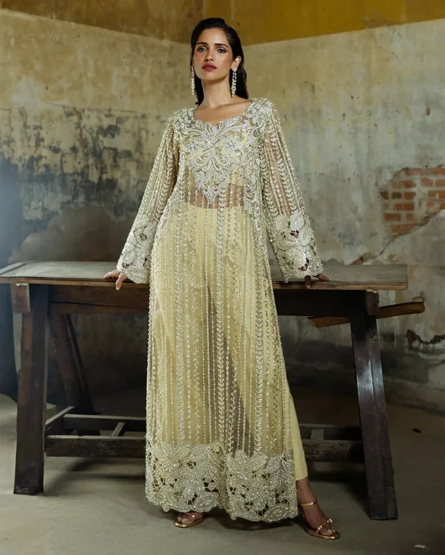 Zilverah golden embroidered net 3-piece party wear dress for weddings Pakistan