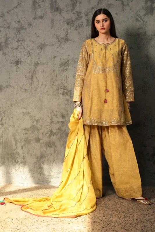 Zilverah Golden Sequin Farshi Suit – Formal Wear for Weddings & Eid in Pakistan
