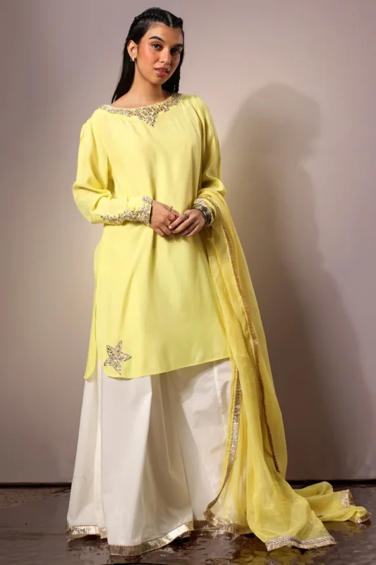 Zilverah Gota Kari 3-Piece Sharara Formal Wear Set Lemon Tonic - Buy Online Pakistan