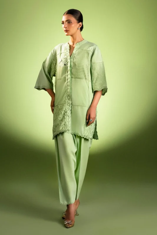 Zilverah green Irish linen short shirt party wear shalwar kameez buy online Pakistan