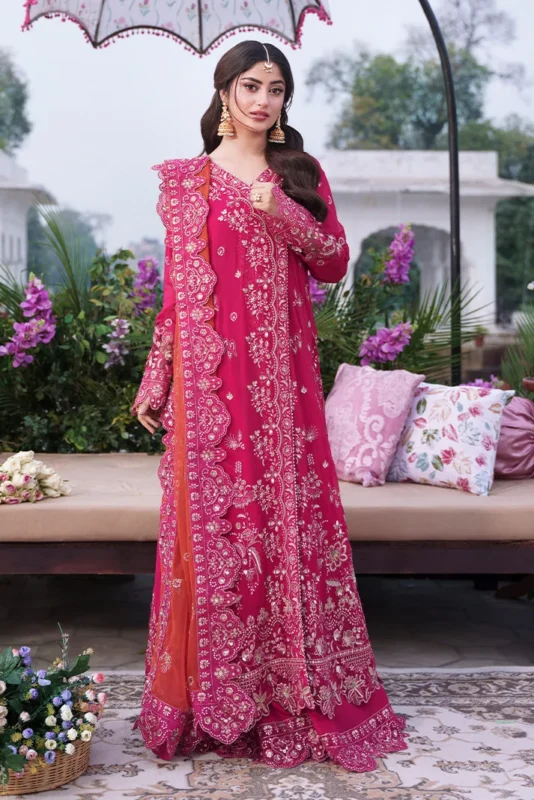 Zilverah hot pink embroidered chiffon 3-piece formal wear suit for weddings Pakistan