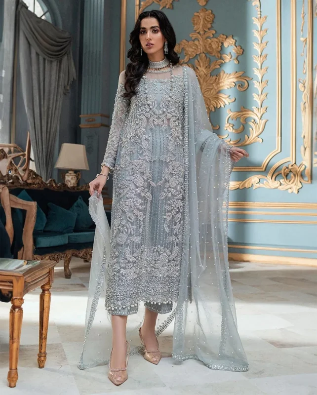 Zilverah ice blue silk organza 3-piece party wear dress for weddings Pakistan