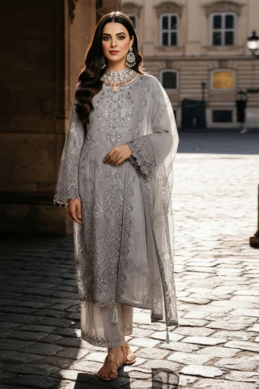 Zilverah light grey embroidered chiffon 3-piece formal wear suit for weddings Pakistan