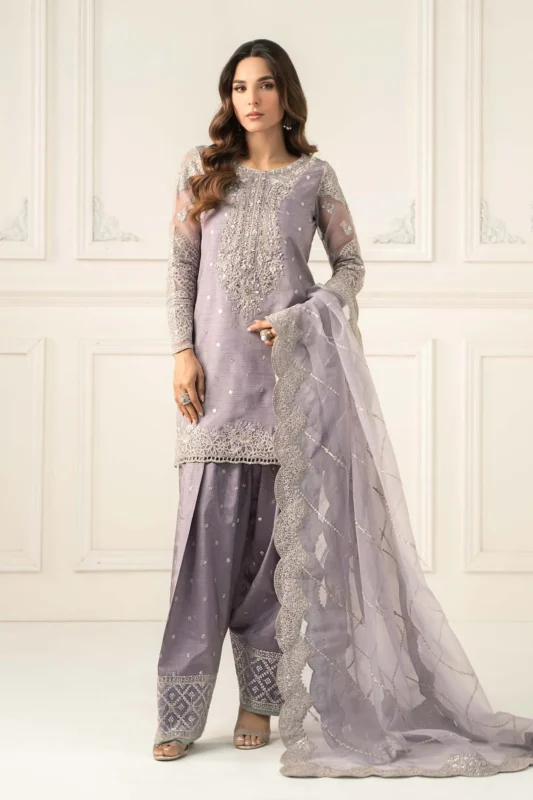 Zilverah Lilac Embroidered Raw Silk 3-Piece Party Wear Suit - Buy Online Pakistan
