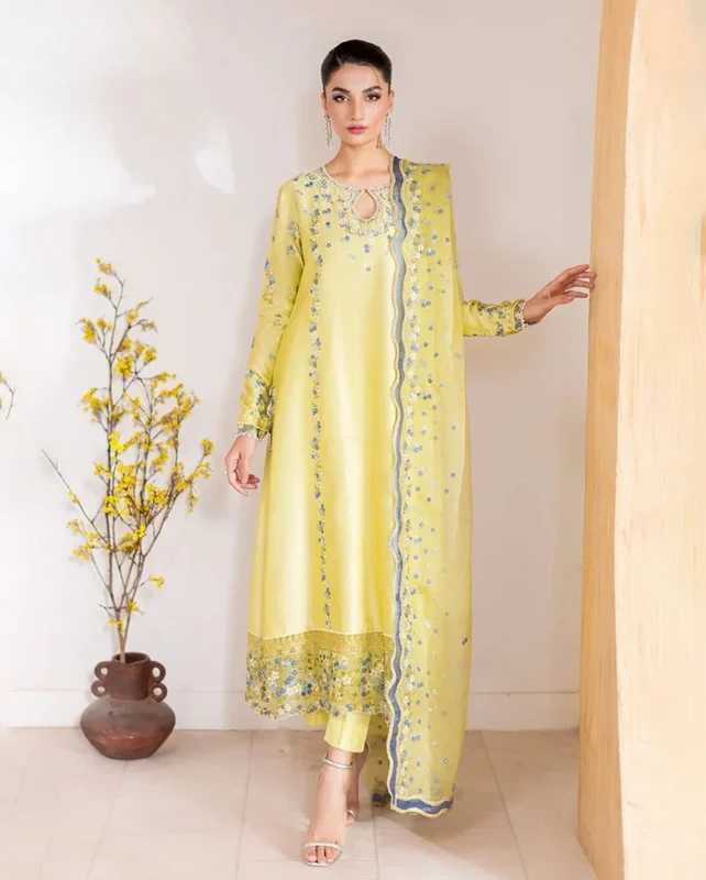 Zilverah Lime Yellow 3-Piece Silk Party Wear Dress Pakistan — Featured Look
