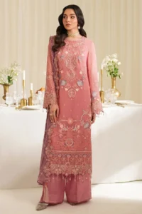 Zilverah Tea Pink Embroidered Chiffon 3-Piece Party Wear Unstitched Suit - Buy Online Pakistan