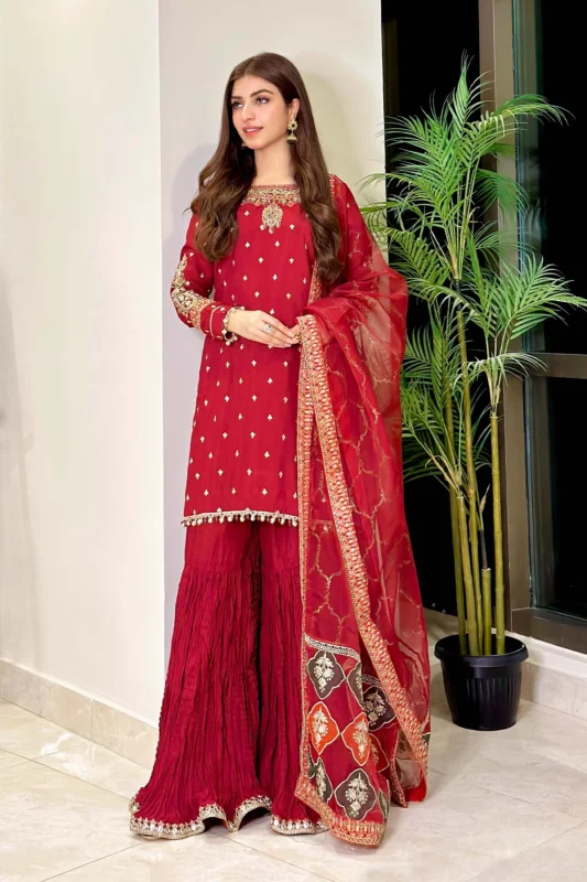 Zilverah Maroon Embroidered Raw Silk Gharara Suit — Luxury Formal Wear Pakistan