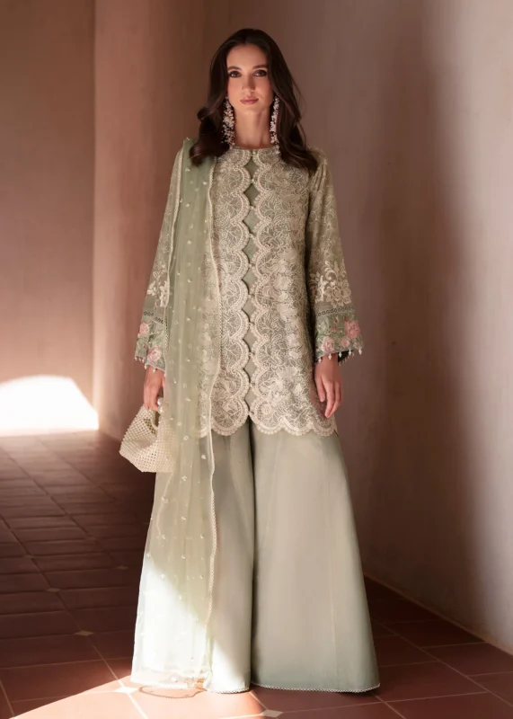 Zilverah mint embroidered jacket sharara party wear Pakistan — 3-piece Eid ensemble with pearl detailing
