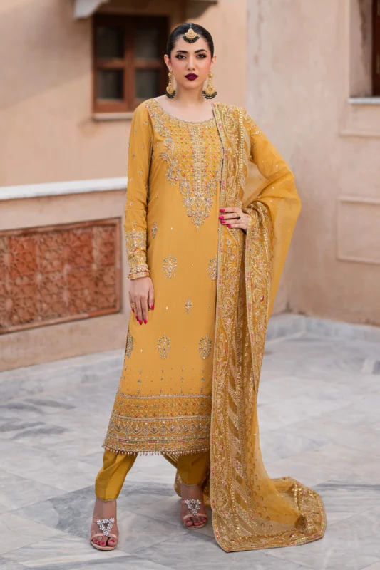 Zilverah mustard raw silk embroidered formal wear dress for women in Pakistan