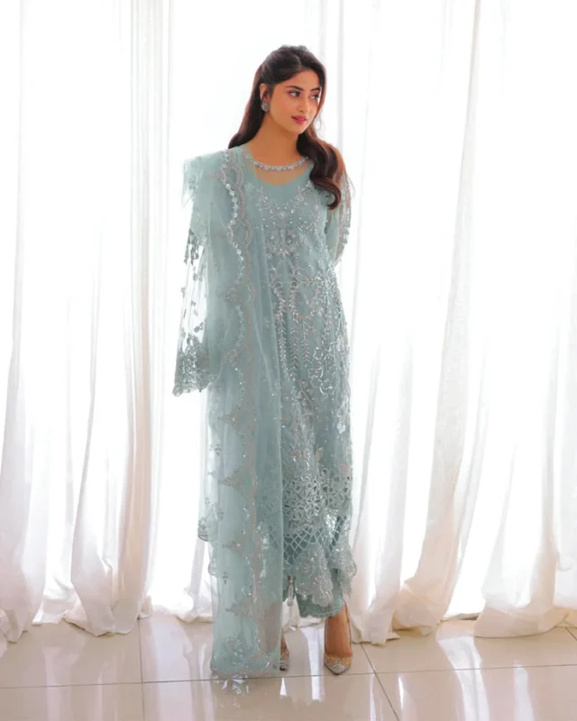 Zilverah 3-piece net sequin party wear suit for women in Pakistan — front view