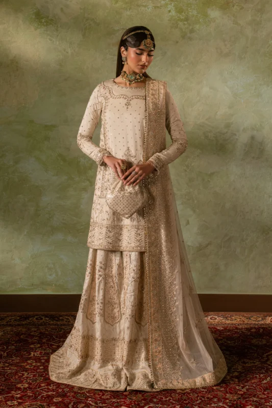 Zilverah off-white 4-piece bridal party wear frock in Indian Raw Silk for Nikkah - Buy Online Pakistan