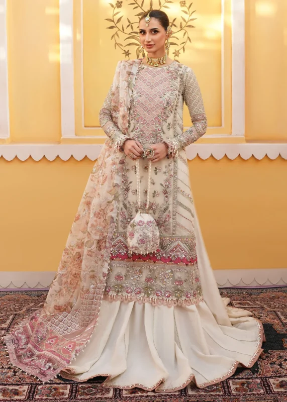 Zilverah off-white organza lehenga formal wear with pink floral embroidery — buy online Pakistan