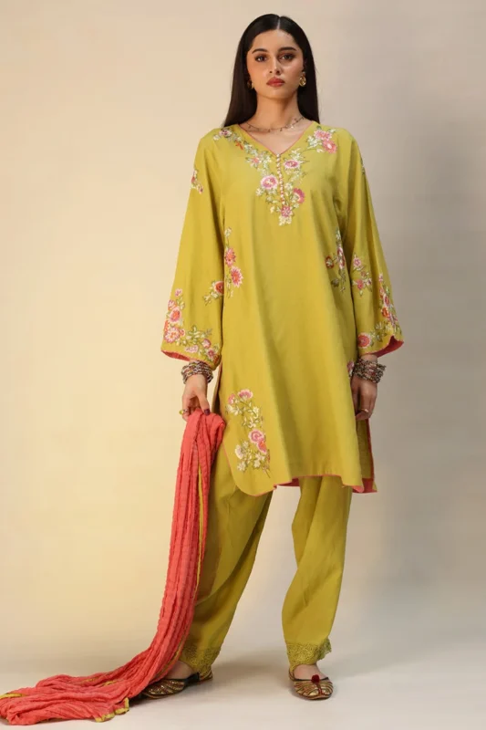 Zilverah olive green embroidered raw silk 3-piece formal wear suit buy online Pakistan