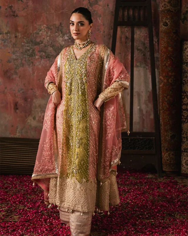 Zilverah champagne organza embellished formal wear 4-piece suit Pakistan