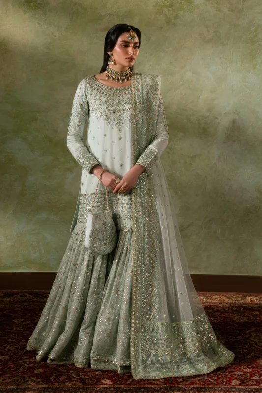 Zilverah Pale Pistachio Nikkah Party Wear Dress in Indian Raw Silk – Buy Online Pakistan
