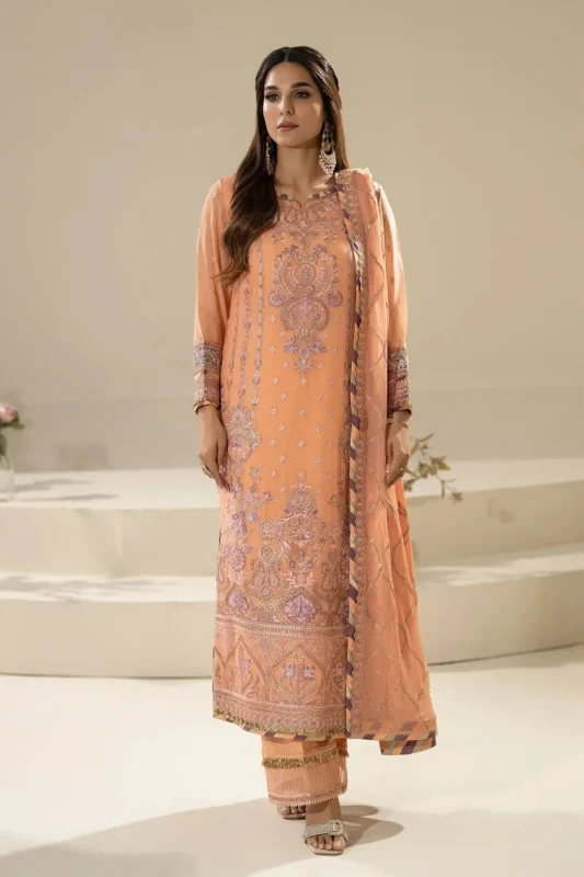 Zilverah peach embroidered chiffon party wear 3-piece unstitched suit buy online Pakistan