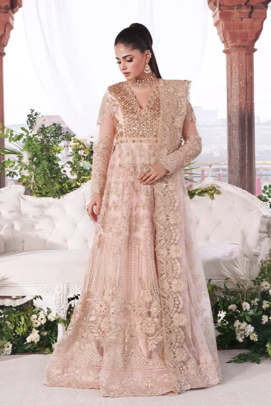 Zilverah peach embroidered net 3-piece formal wear suit for weddings in Pakistan